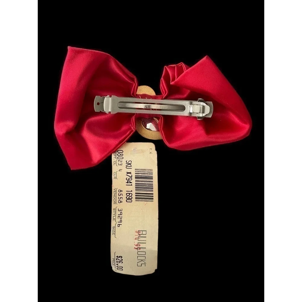 Vintage Red Bow Barrette Hair Clasp NWT Bullocks, Jewel Gold Tone 1990’s